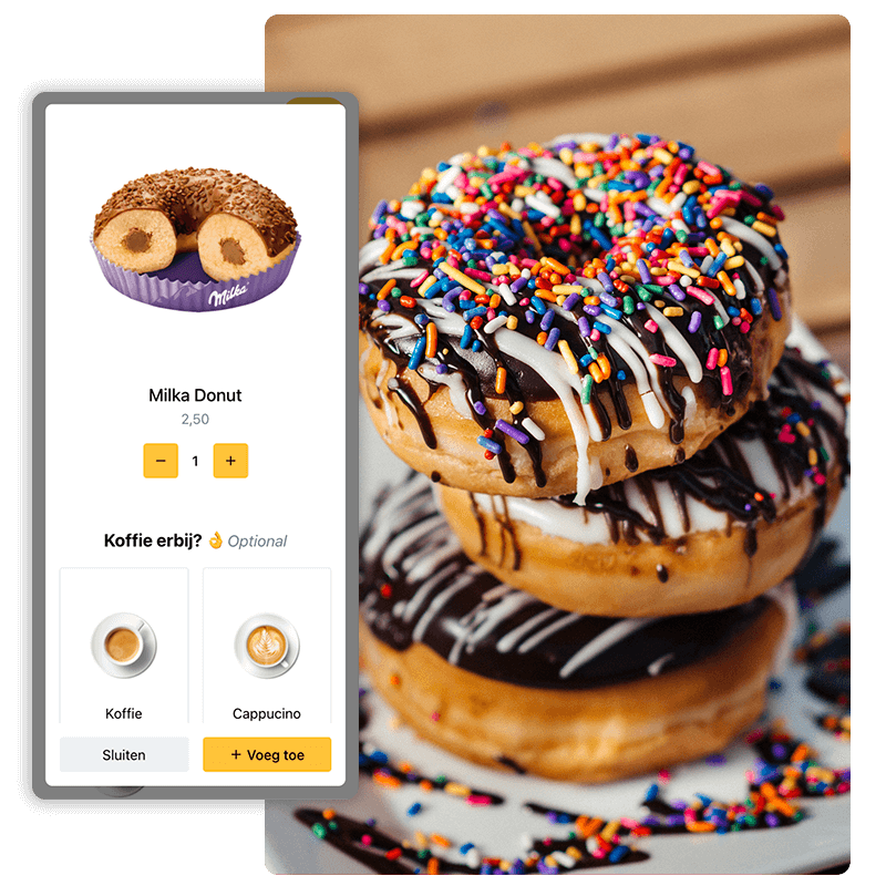 Een overzicht van het menu binnen de QR online in combinatie met een donut