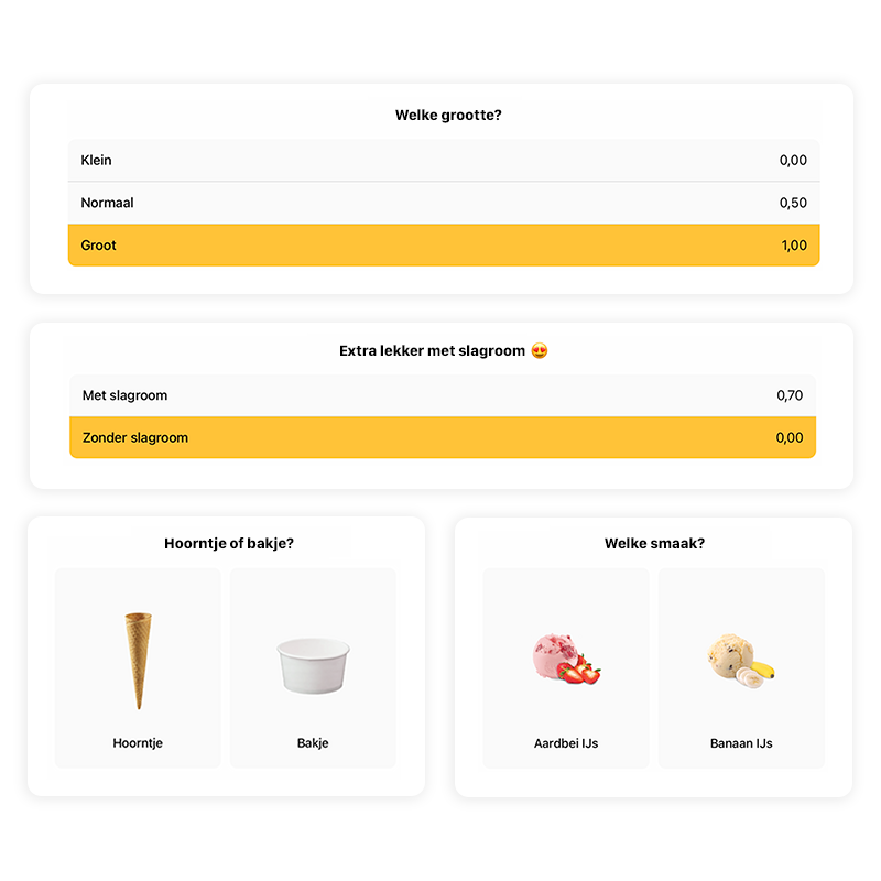 Een overzicht van alle secties in het menu van de Onesix Bestelkiosk